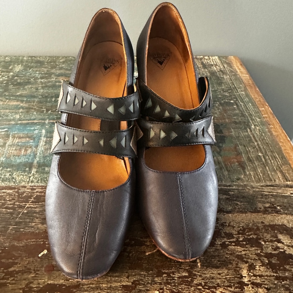 John Fluevog Black and Purple Flats with Studded Straps